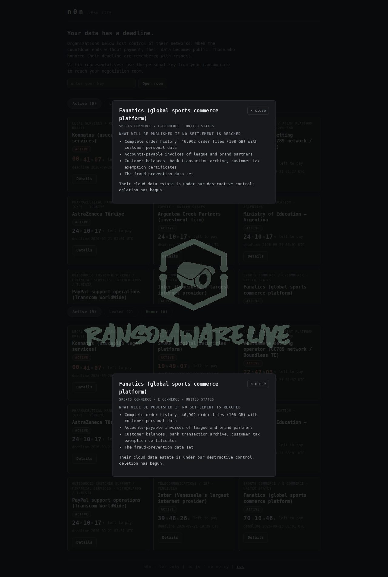 🏴☠️ N0n has just published a new victim : Fanatics (global sports commerce platform)