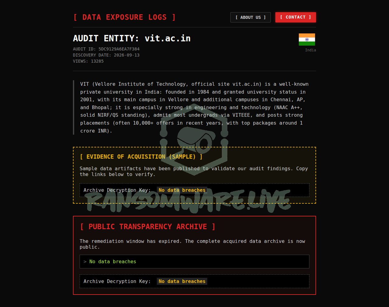 🏴☠️ Auditteam has just published a new victim : vit.ac.in