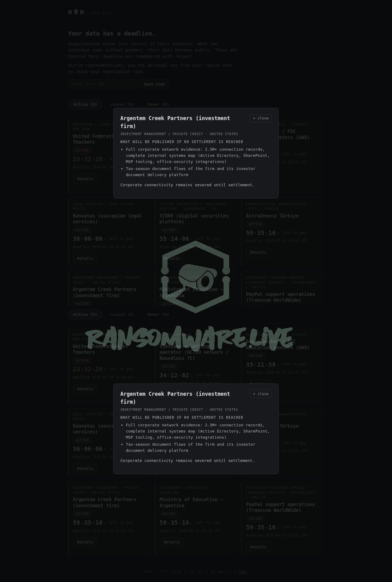 🏴☠️ N0n has just published a new victim : Argentem Creek Partners (investment firm)