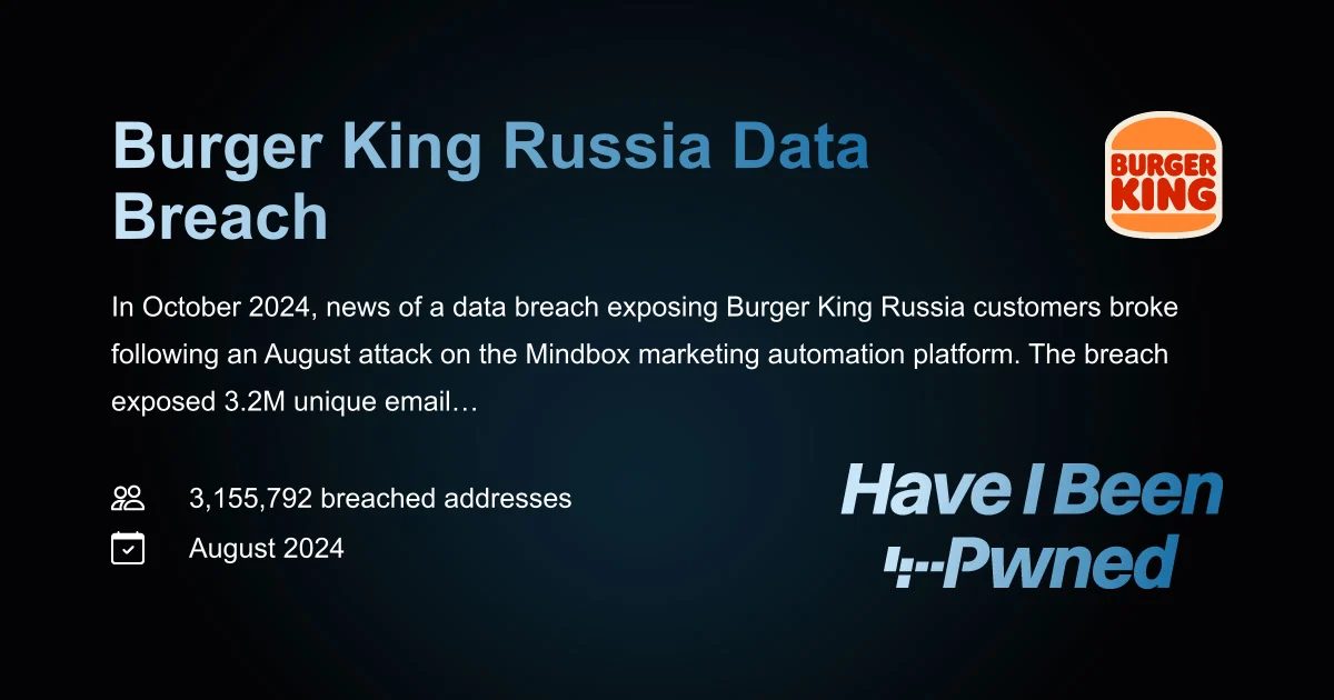 Burger King Russia - 3,155,792 breached accounts