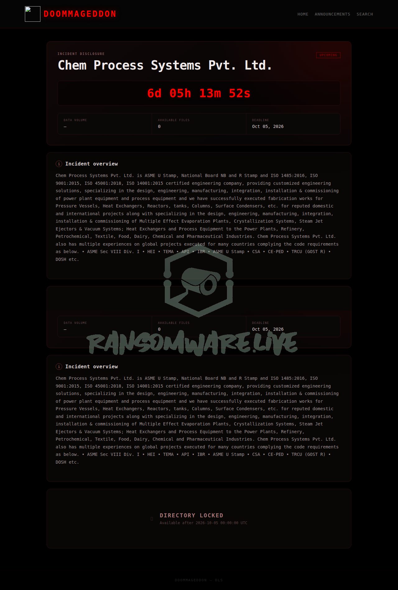🏴☠️ Doommageddon has just published a new victim : Chem Process Systems Pvt. Ltd.