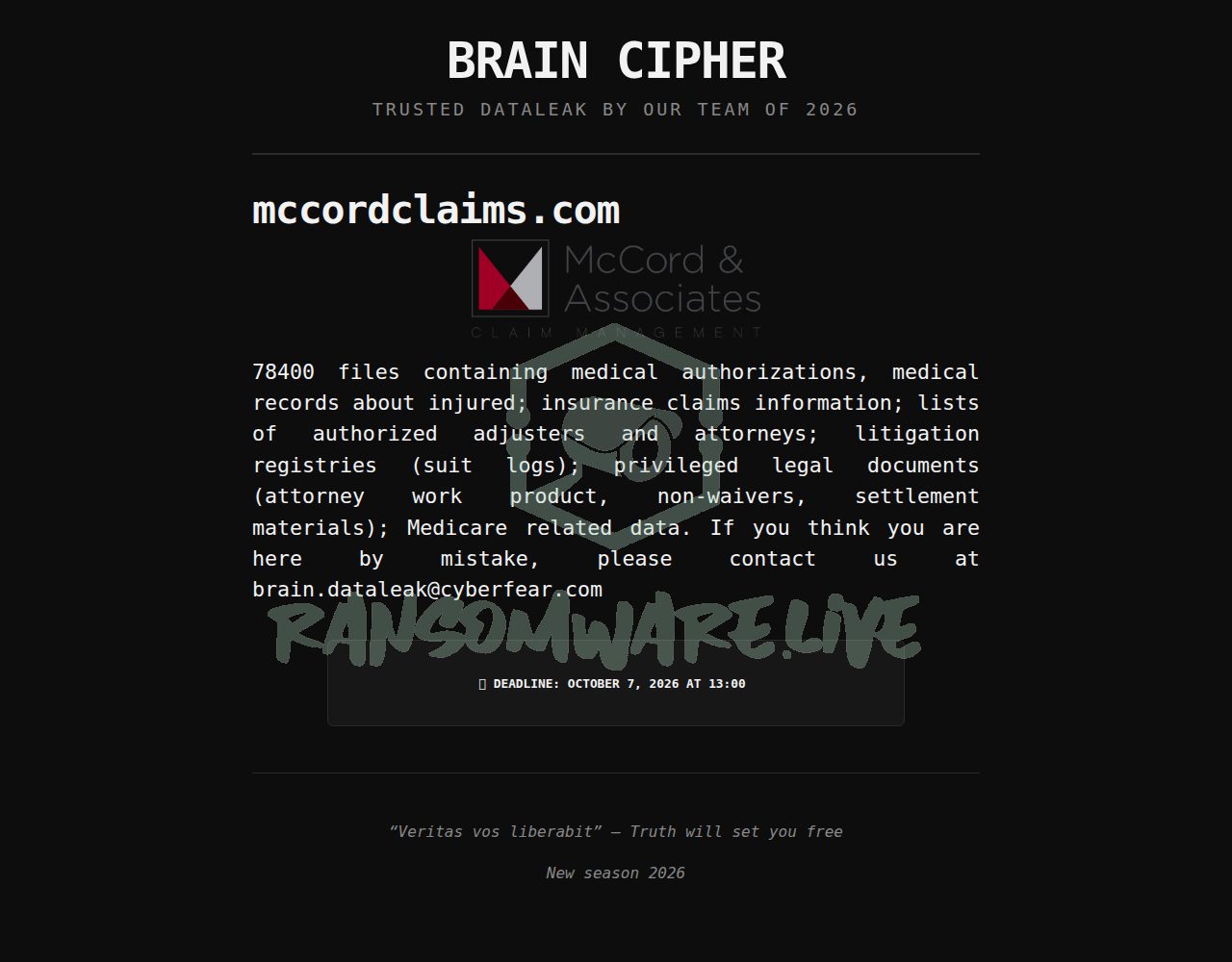🏴☠️ Braincipher has just published a new victim : mccordclaims.com