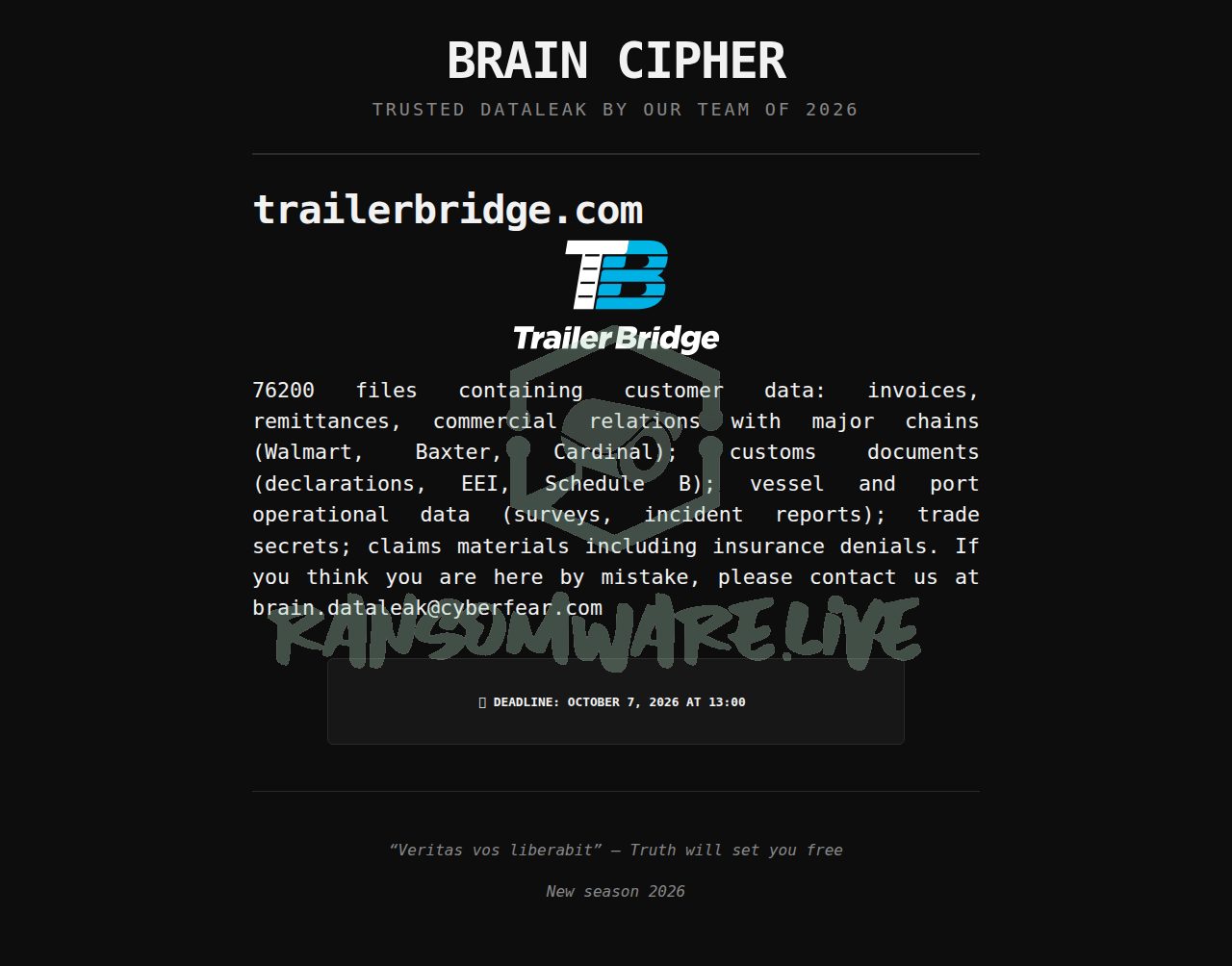 🏴☠️ Braincipher has just published a new victim : trailerbridge.com