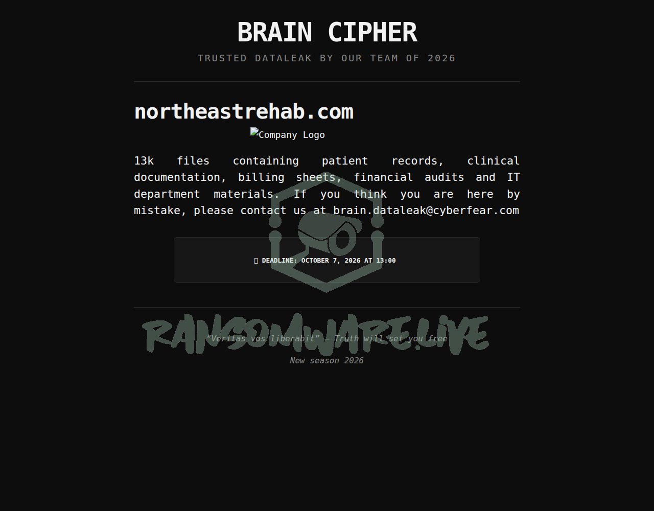 🏴☠️ Braincipher has just published a new victim : northeastrehab.com