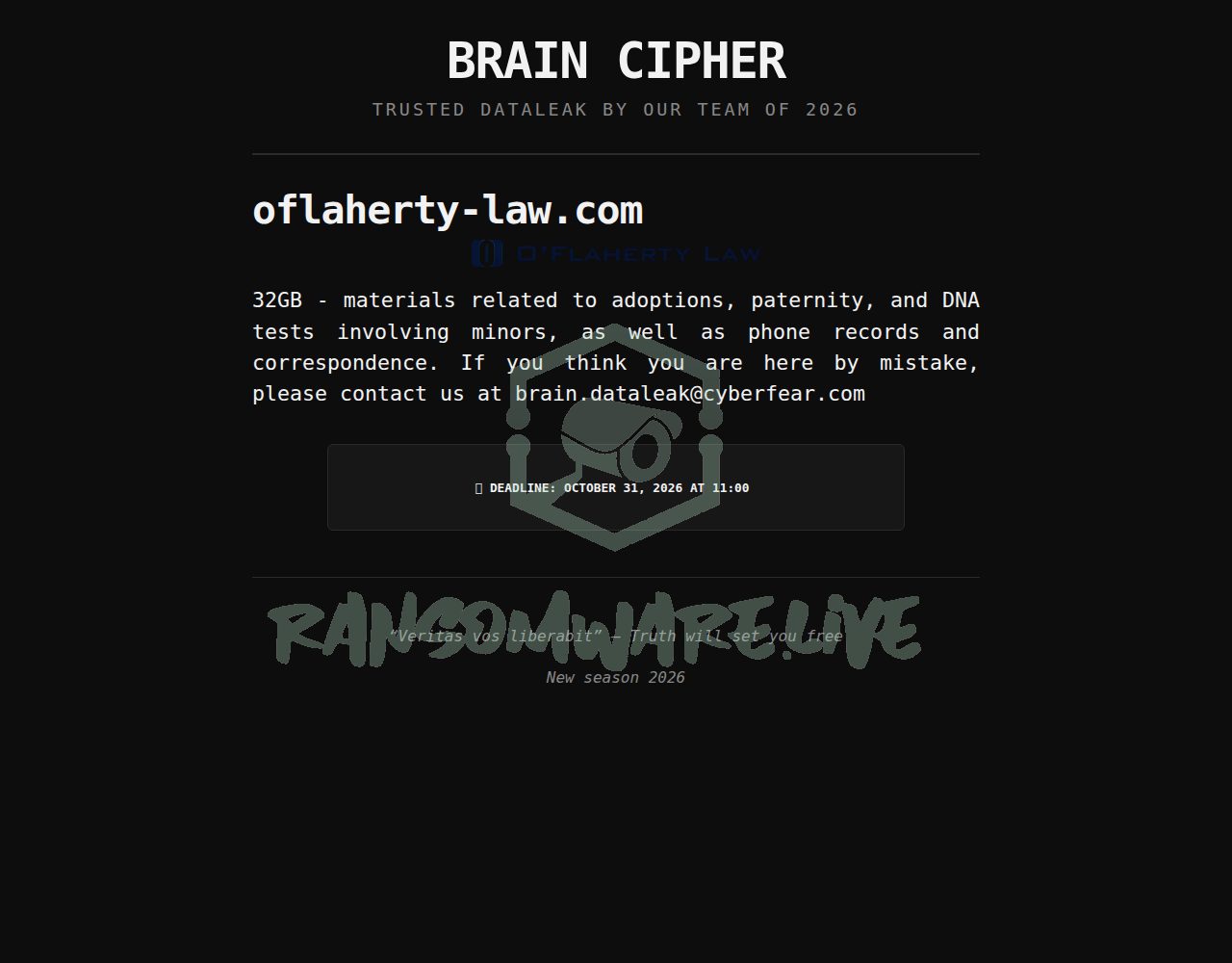 🏴☠️ Braincipher has just published a new victim : oflaherty-law.com