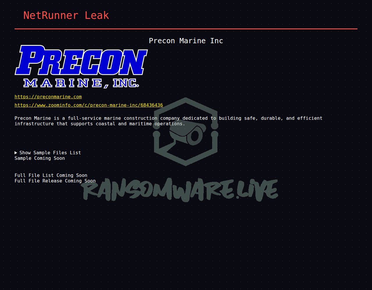 🏴☠️ Netrunner has just published a new victim : Precon Marine Inc