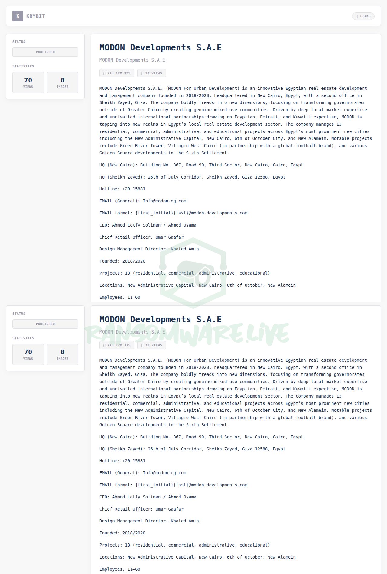 🏴☠️ Krybit has just published a new victim : MODON Developments S.A.E