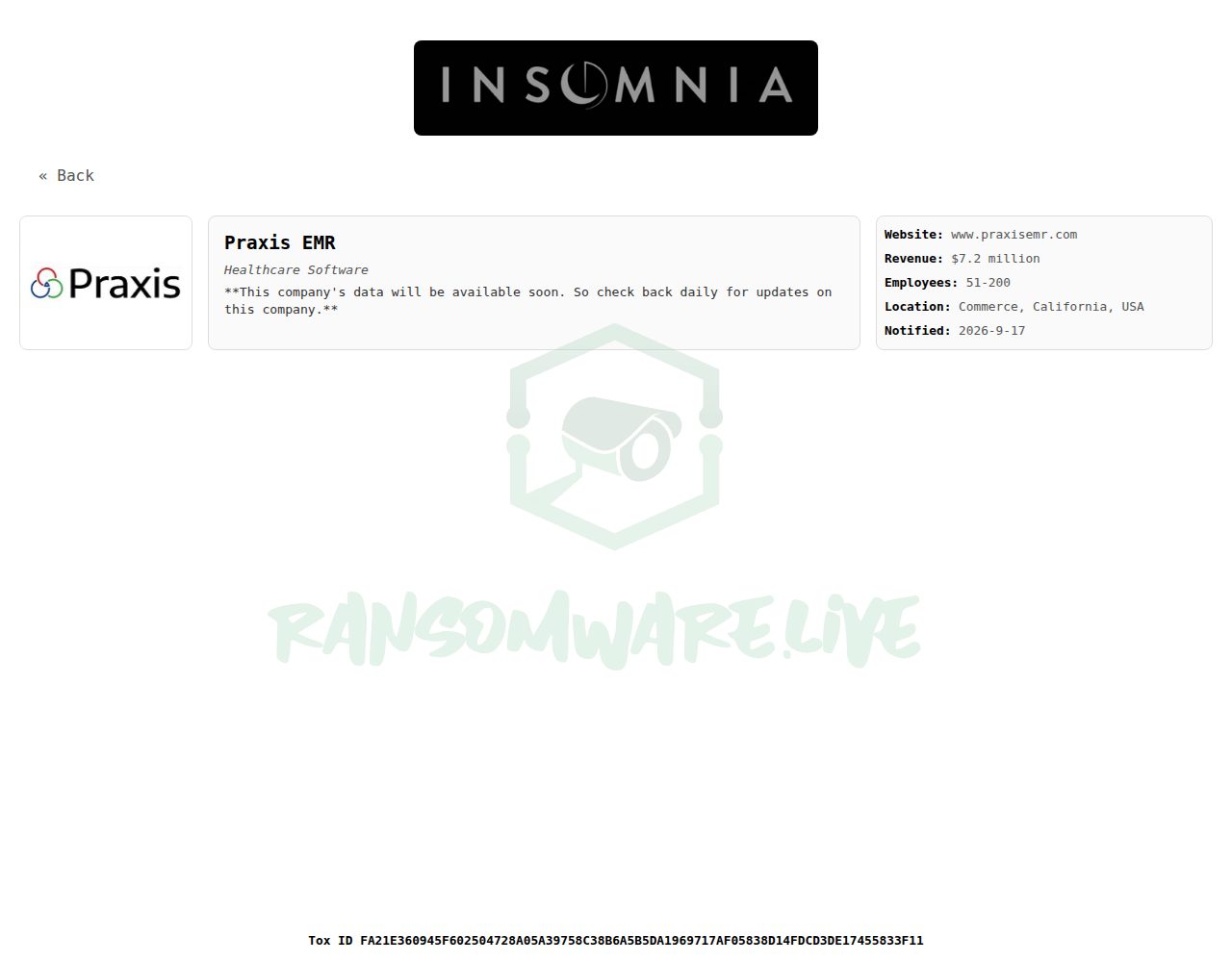 🏴☠️ Insomnia has just published a new victim : Praxis EMR