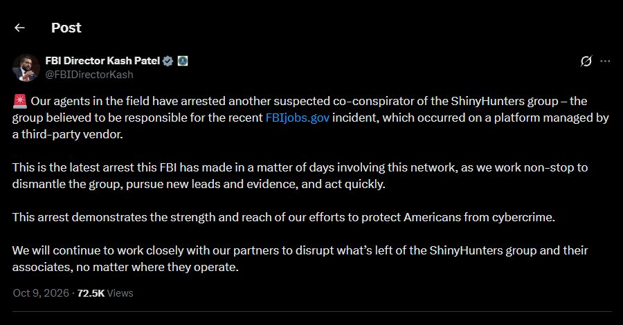 FBI Arrests Another ShinyHunters Suspect Reportedly Involved in Its Jobs Portal Hack
