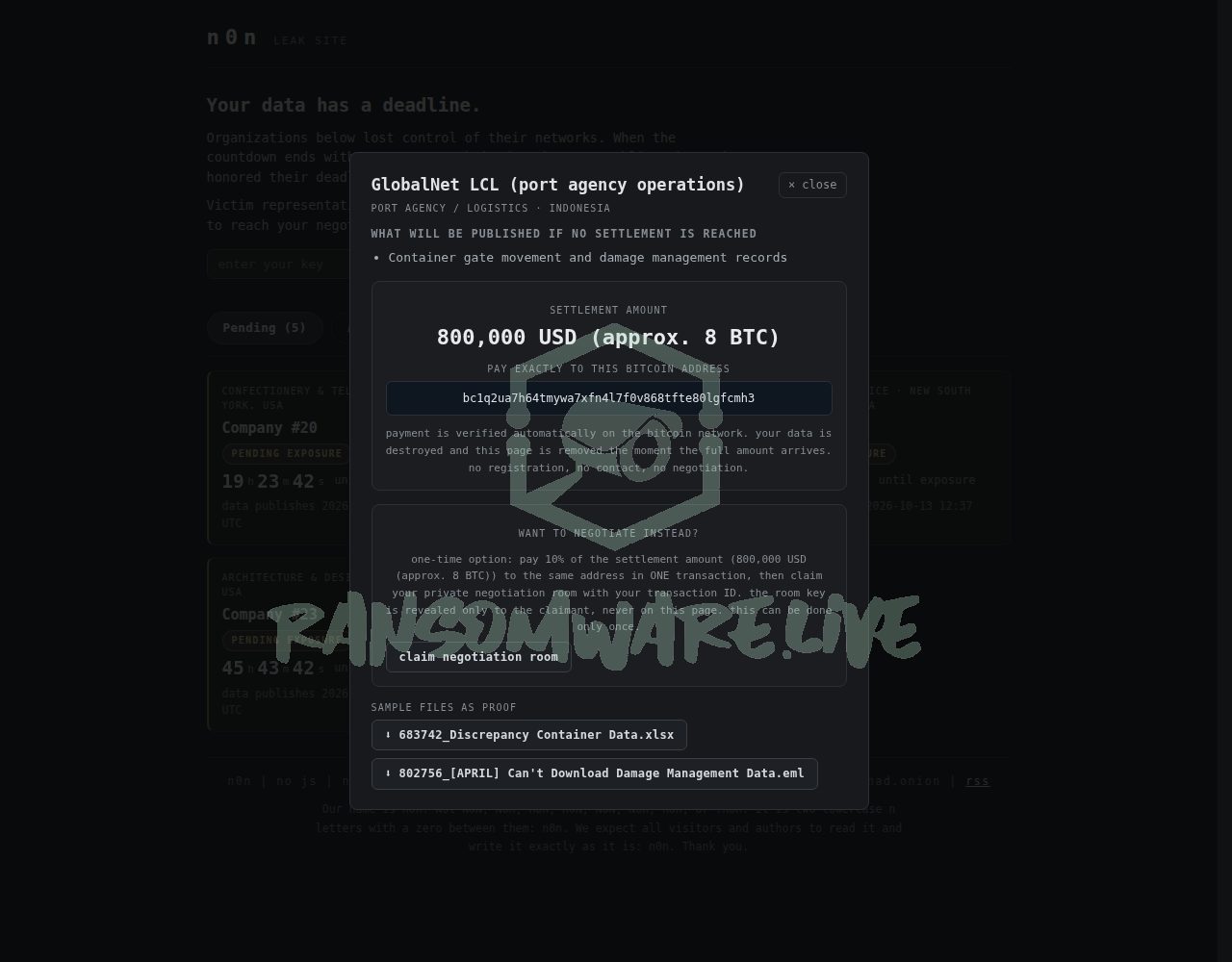 🏴☠️ N0n has just published a new victim : GlobalNet LCL (port agency operations)