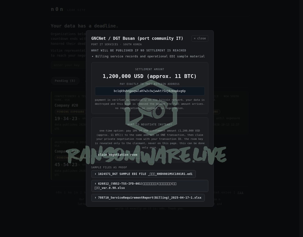 🏴☠️ N0n has just published a new victim : GNCNet / DGT Busan (port community IT)
