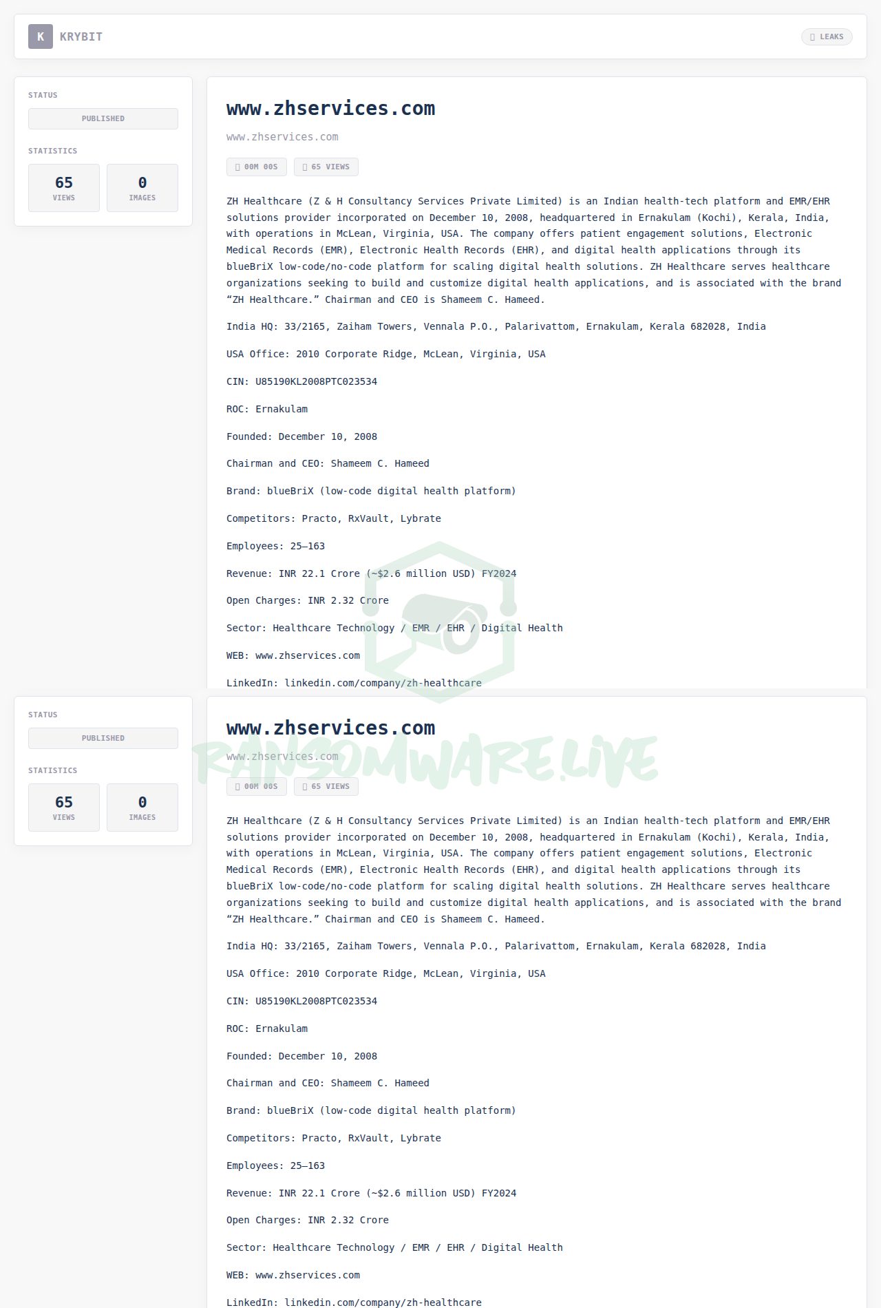 🏴☠️ Krybit has just published a new victim : www.zhservices.com