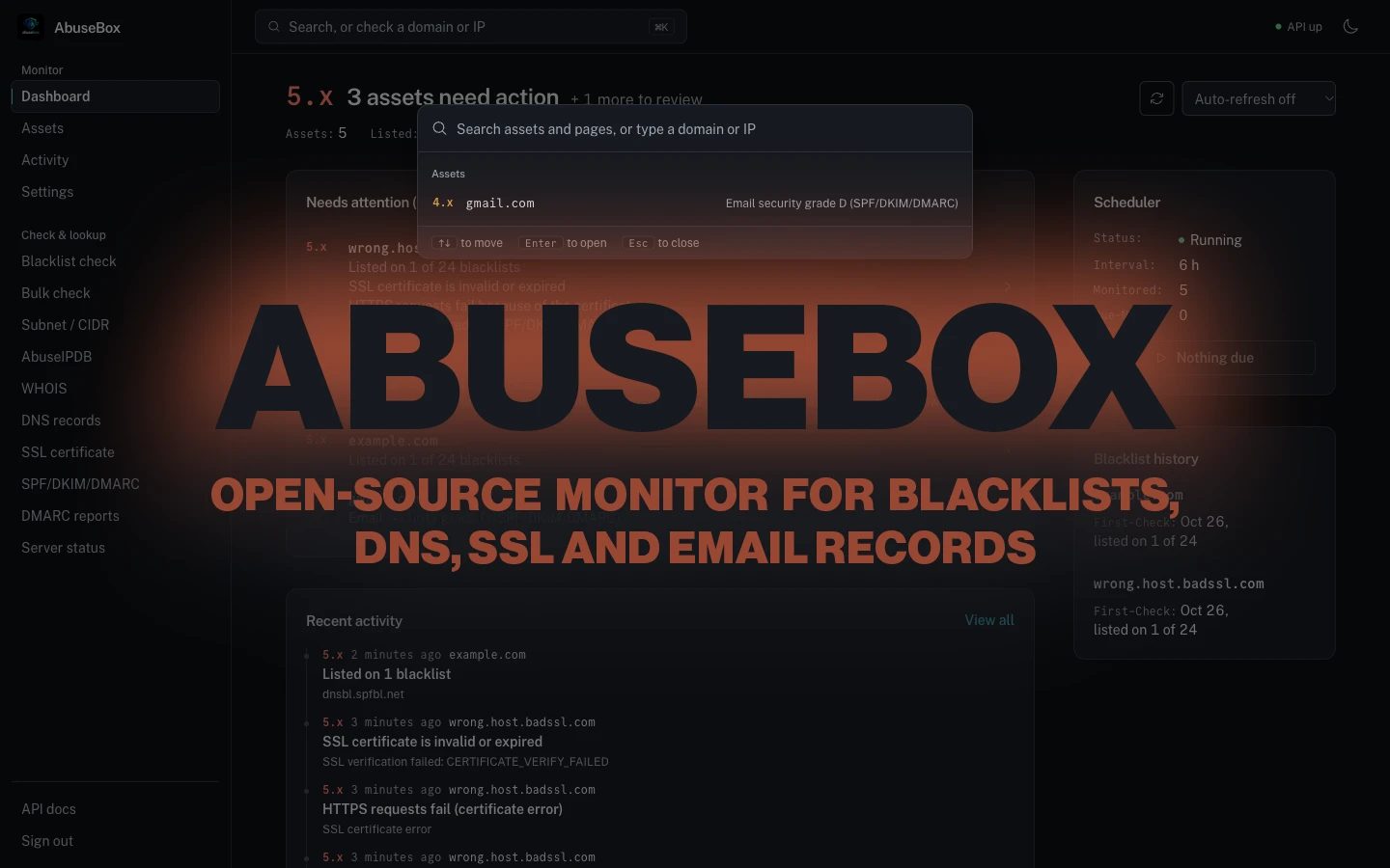 AbuseBox: Open-source monitor for blacklists, DNS, SSL and email records