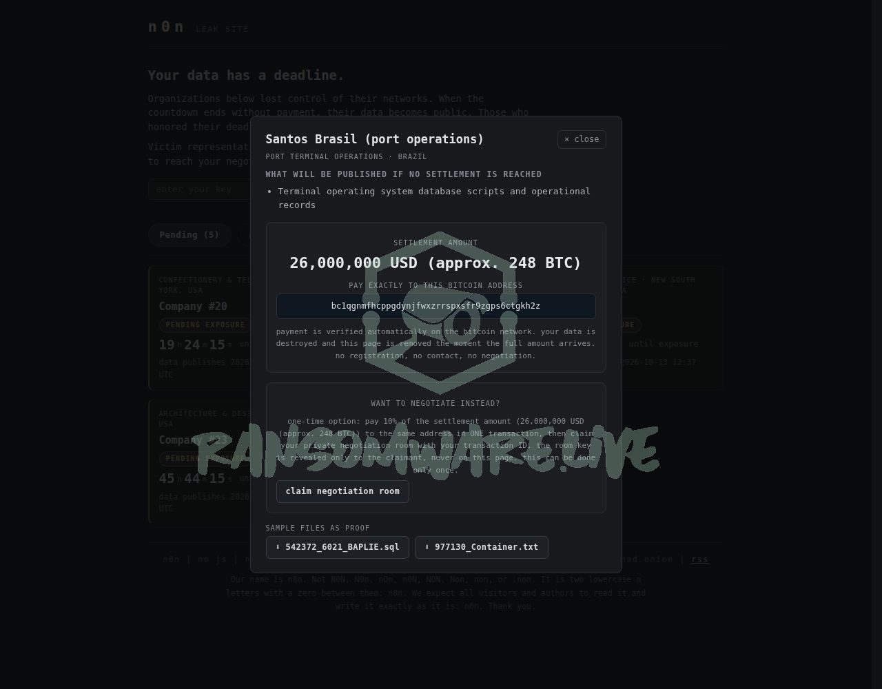 🏴☠️ N0n has just published a new victim : Santos Brasil (port operations)