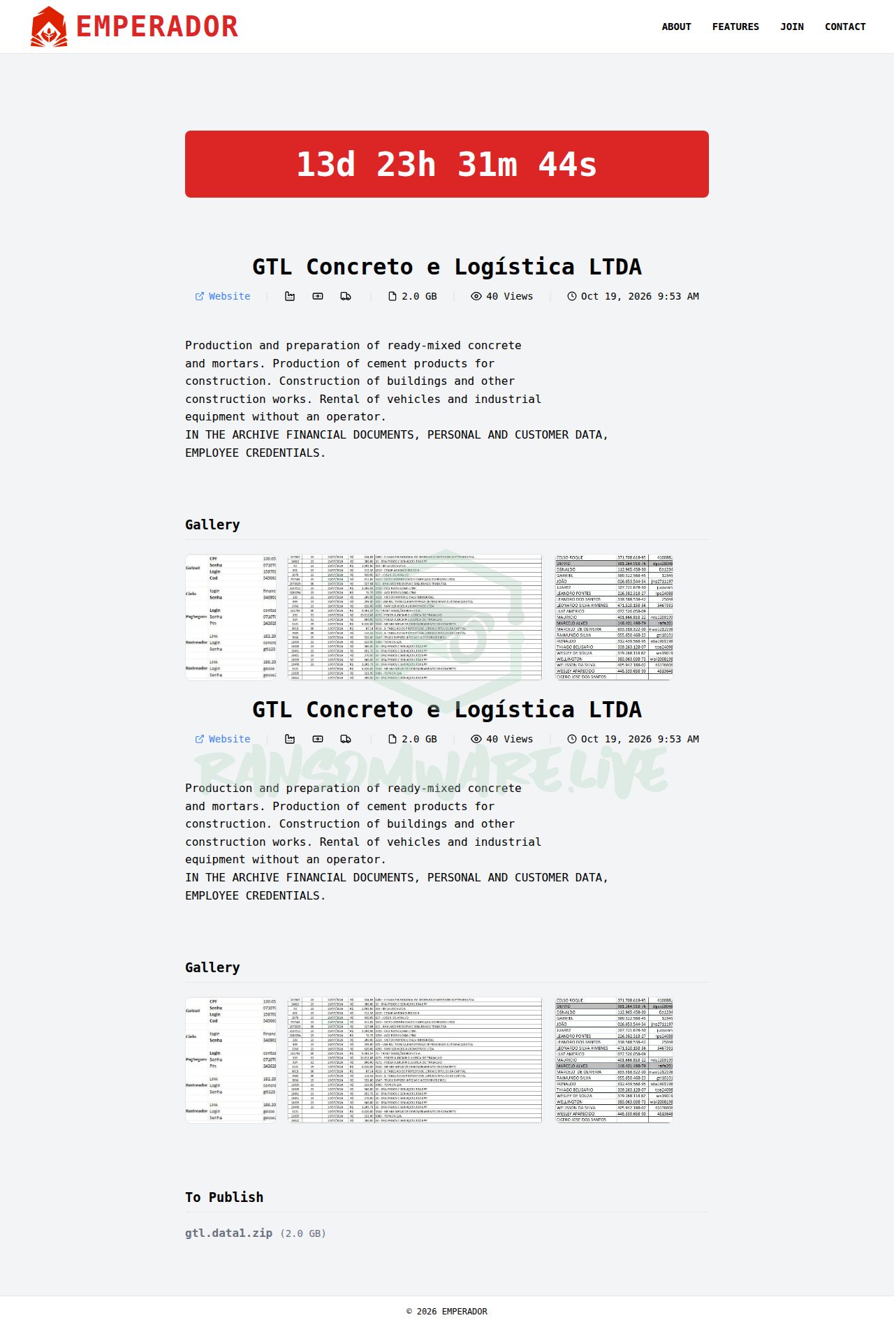 🏴☠️ Emperador has just published a new victim : GTL Concreto e Logística LTDA