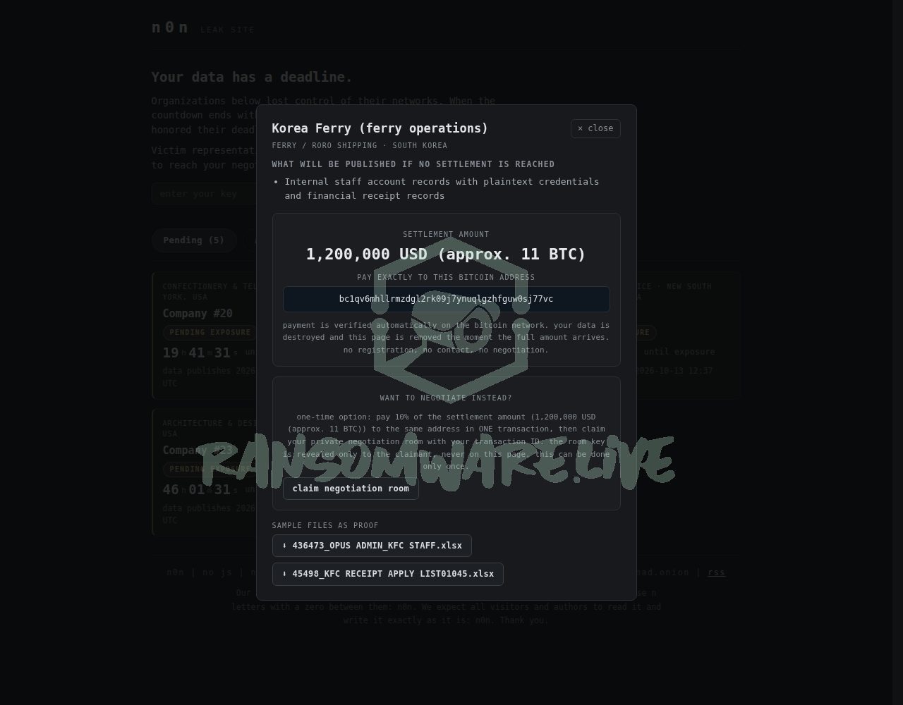 🏴☠️ N0n has just published a new victim : Korea Ferry (ferry operations)