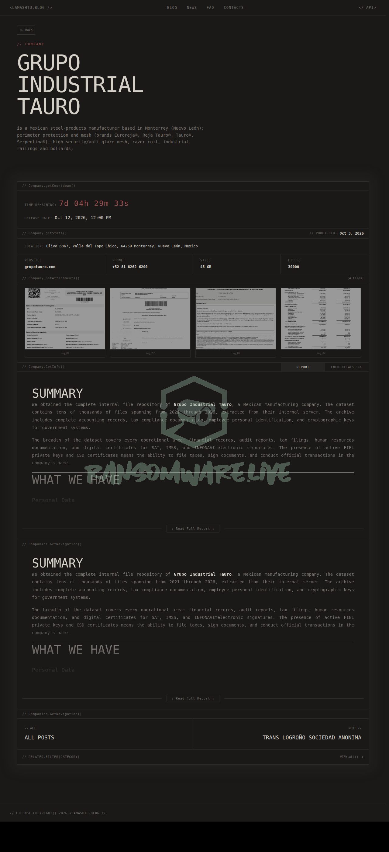 🏴☠️ Lamashtu has just published a new victim : Grupo Industrial Tauro