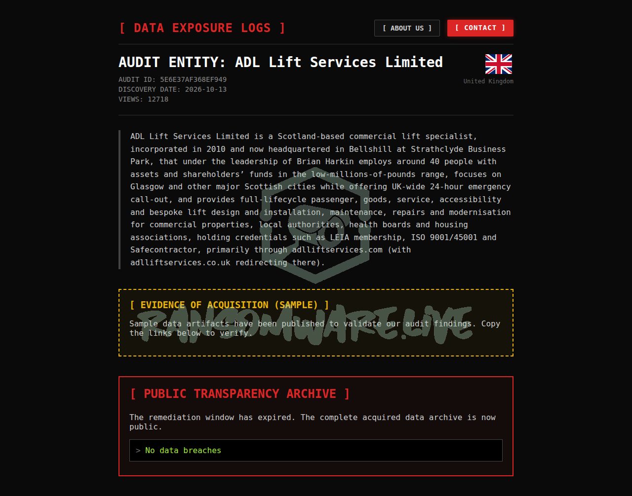 🏴☠️ Auditteam has just published a new victim : ADL Lift Services Limited