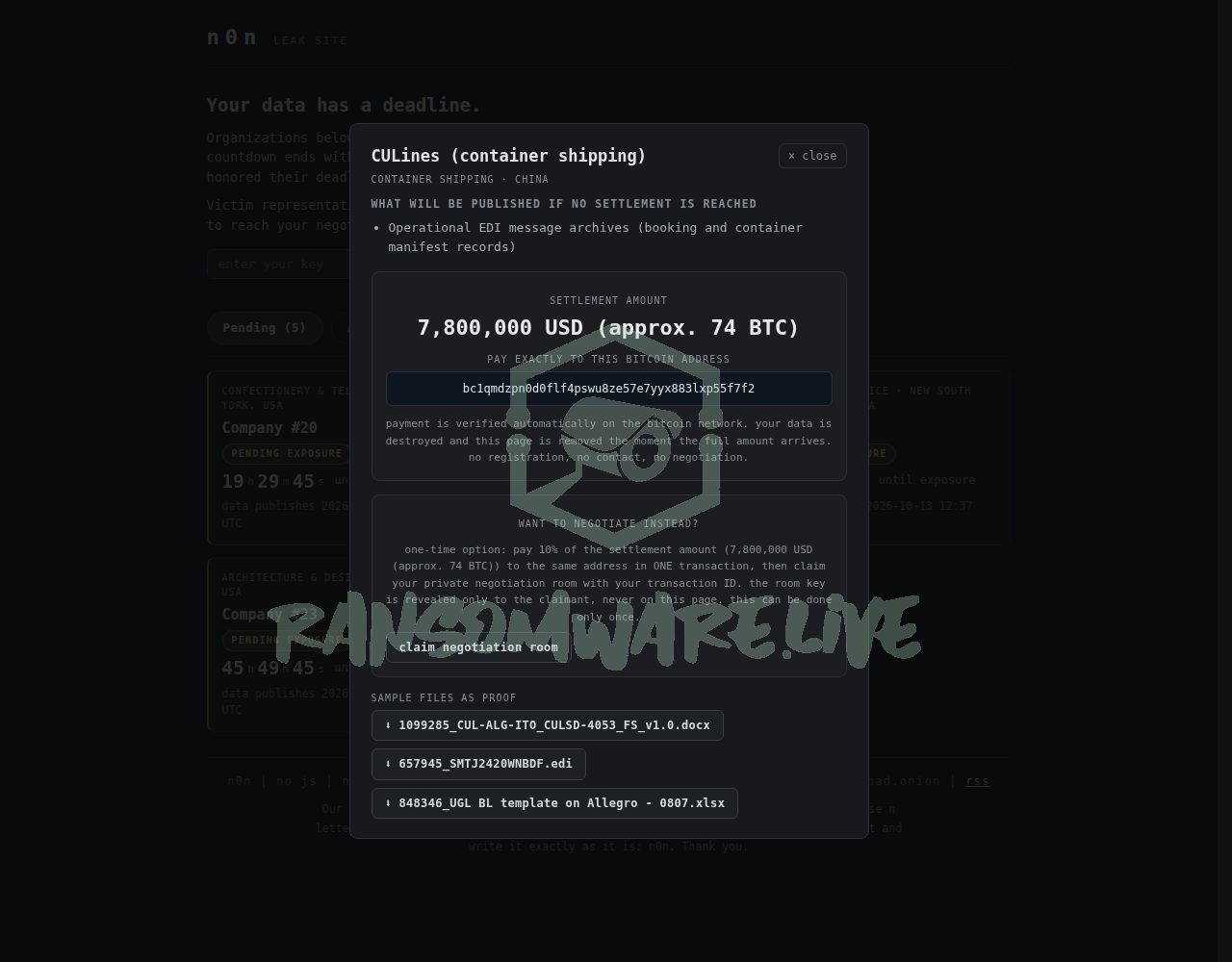 🏴☠️ N0n has just published a new victim : CULines (container shipping)