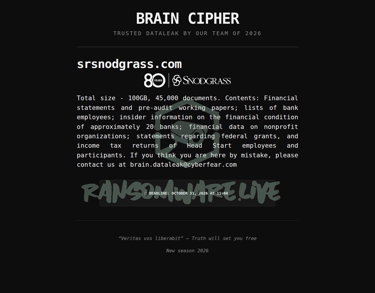 🏴☠️ Braincipher has just published a new victim : srsnodgrass.com