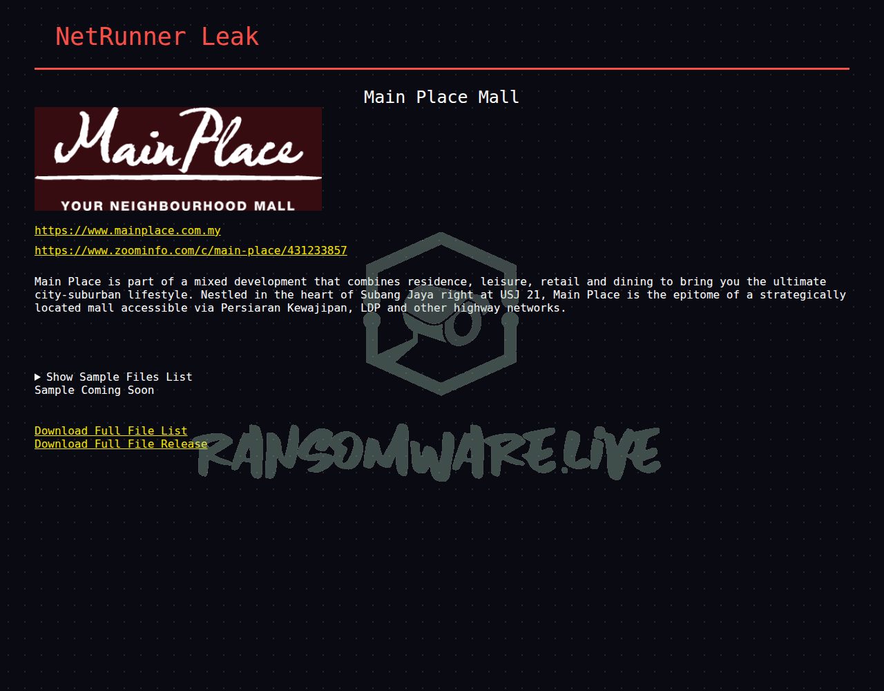 🏴☠️ Netrunner has just published a new victim : Main Place Mall