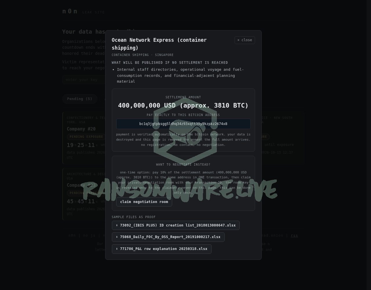 🏴☠️ N0n has just published a new victim : Ocean Network Express (container shipping)