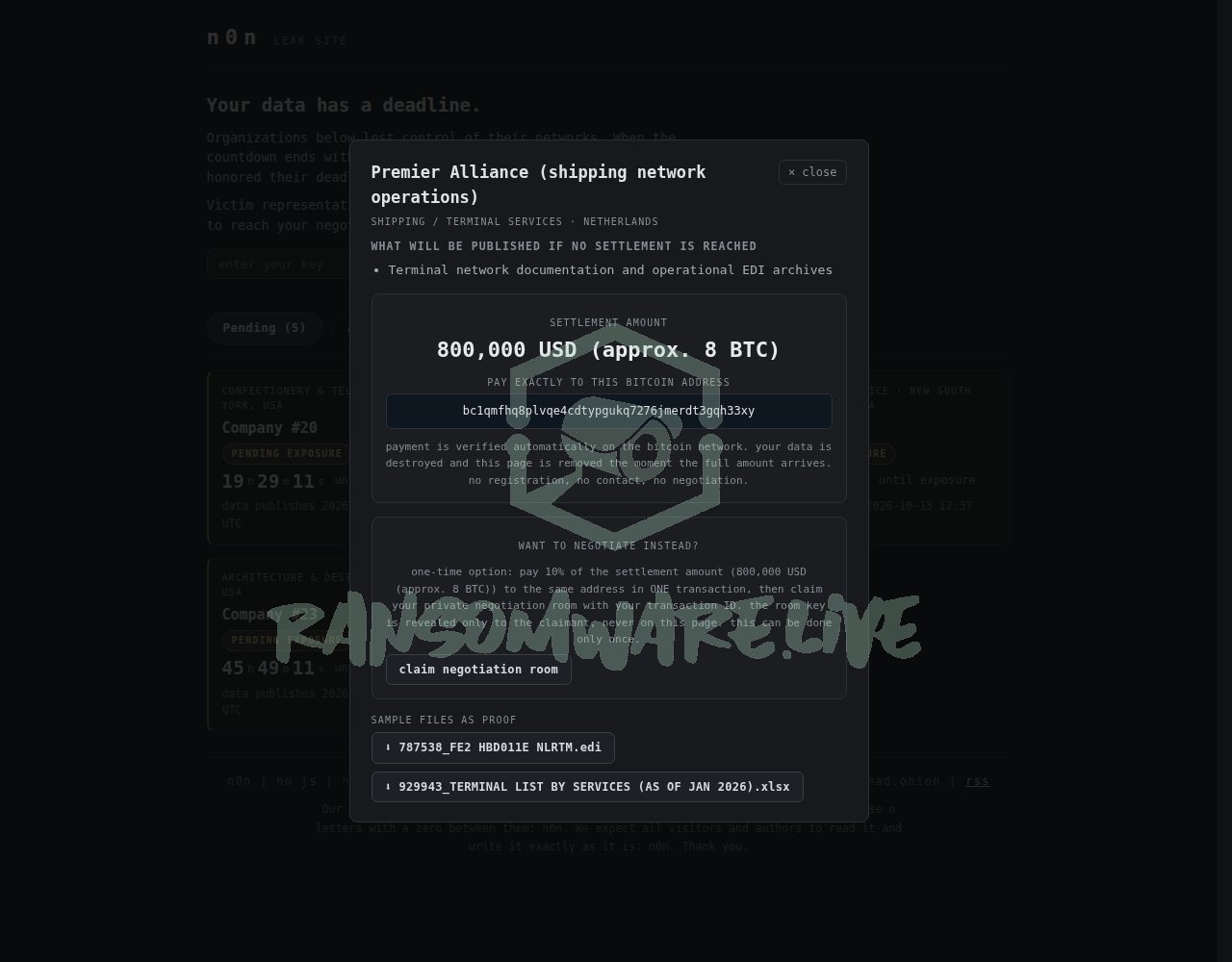 🏴☠️ N0n has just published a new victim : Premier Alliance (shipping network operations)