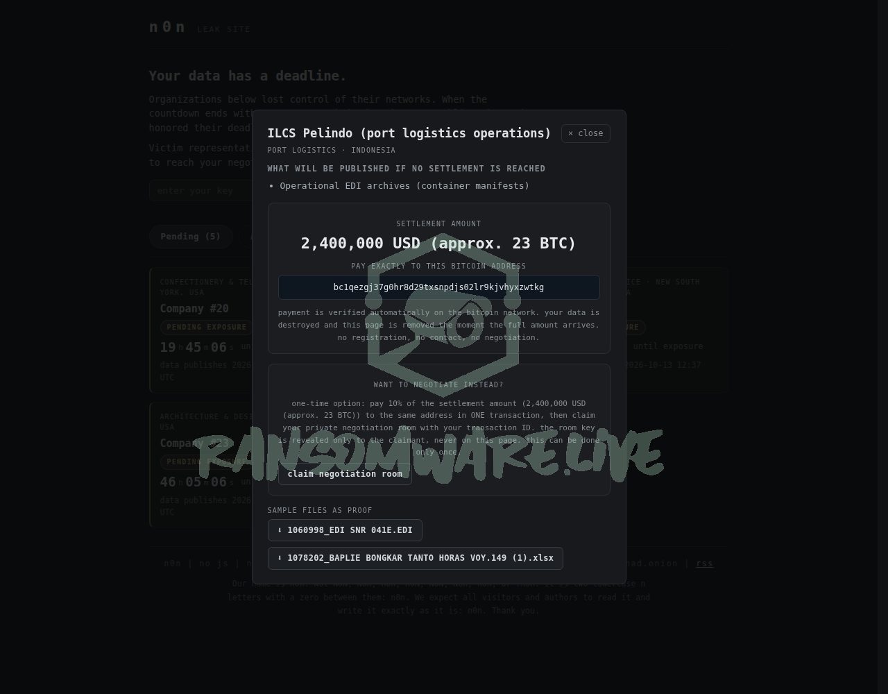 🏴☠️ N0n has just published a new victim : ILCS Pelindo (port logistics operations)