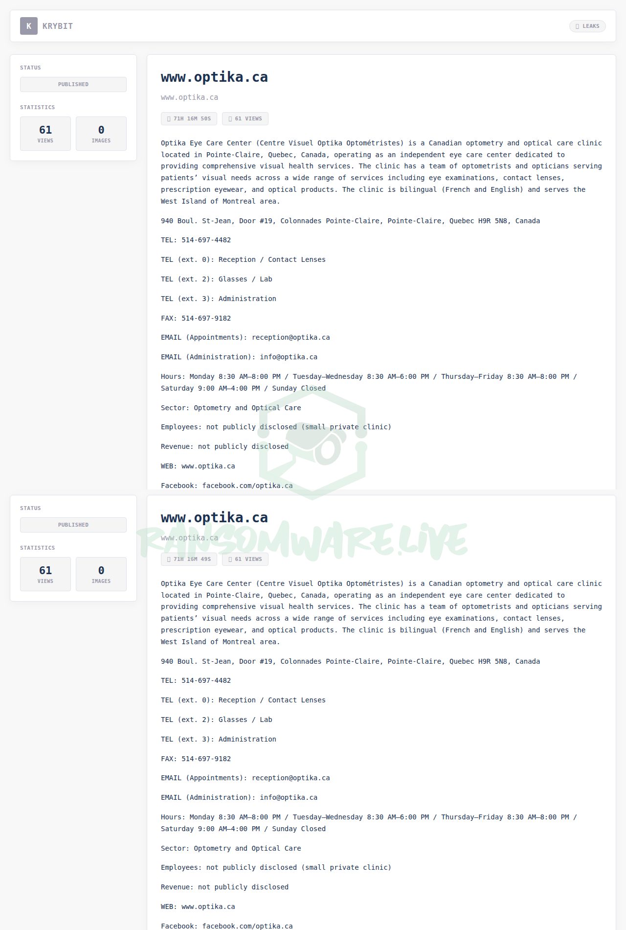 🏴☠️ Krybit has just published a new victim : www.optika.ca
