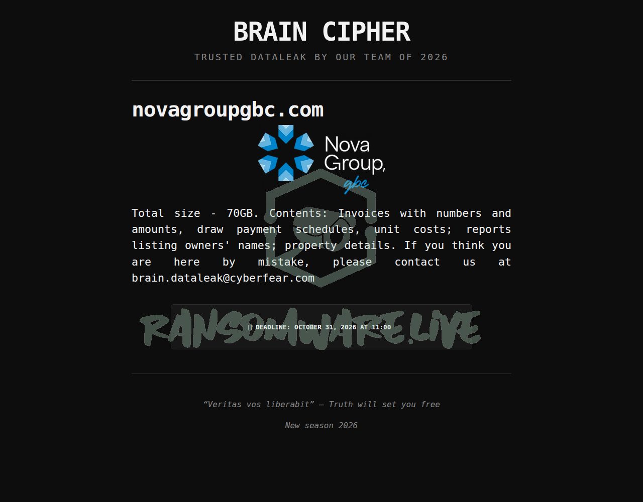 🏴☠️ Braincipher has just published a new victim : novagroupgbc.com