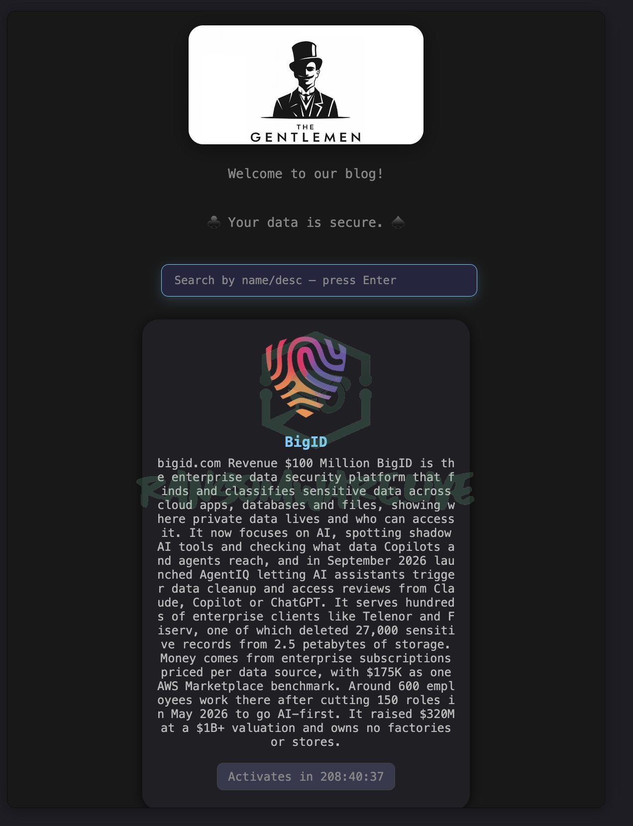 🏴☠️ Thegentlemen has just published a new victim : BigID