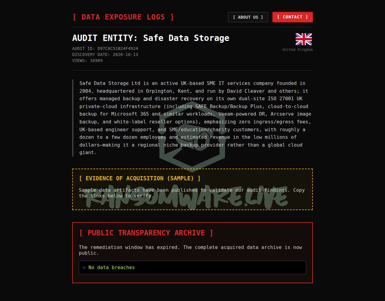 🏴☠️ Auditteam has just published a new victim : Safe Data Storage