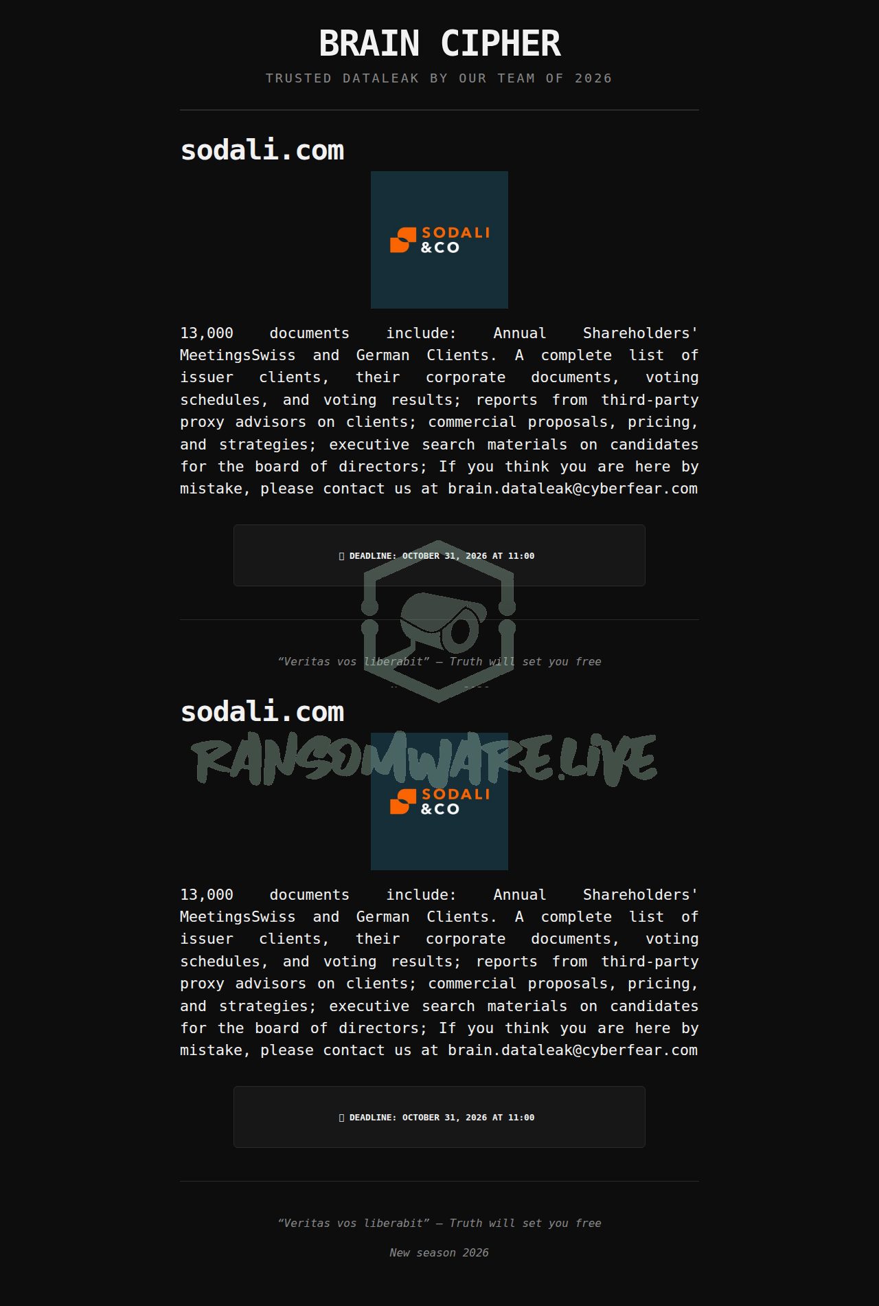 🏴☠️ Braincipher has just published a new victim : sodali.com