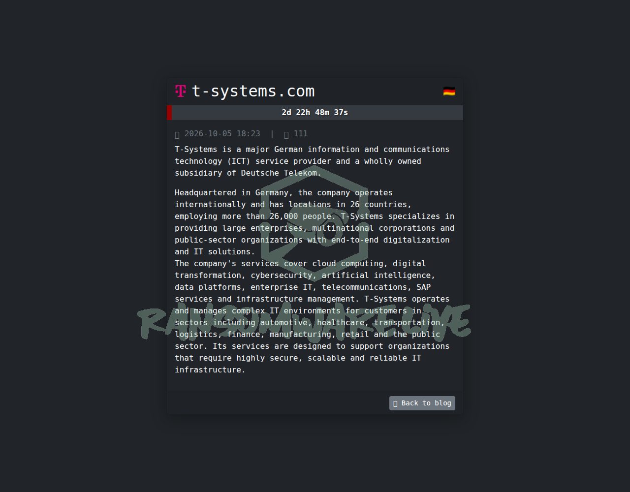 🏴☠️ Safepay has just published a new victim : t-systems.com