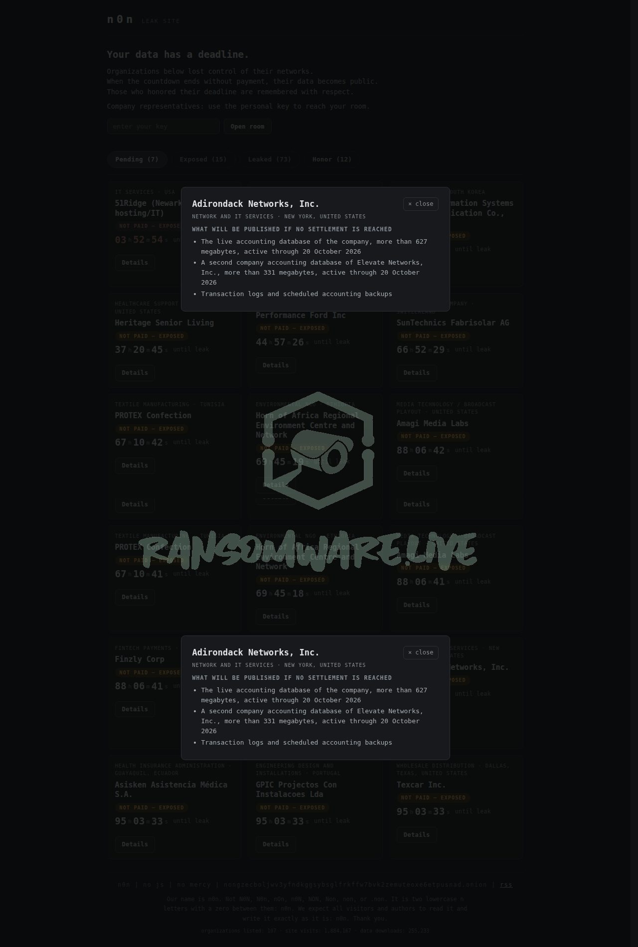 🏴☠️ N0n has just published a new victim : Adirondack Networks, Inc.
