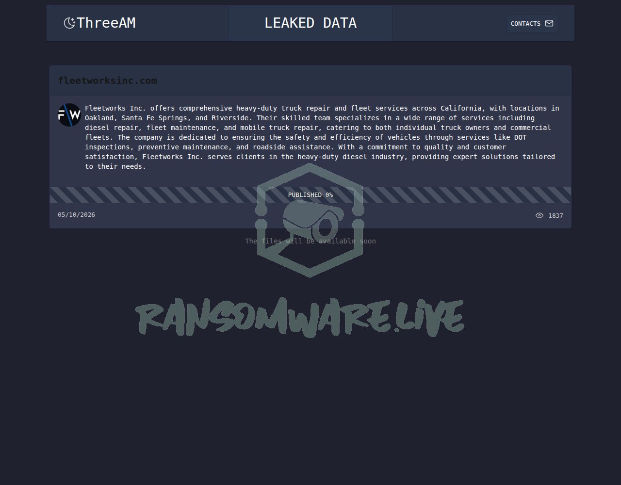 🏴☠️ Threeam has just published a new victim : fleetworksinc.com